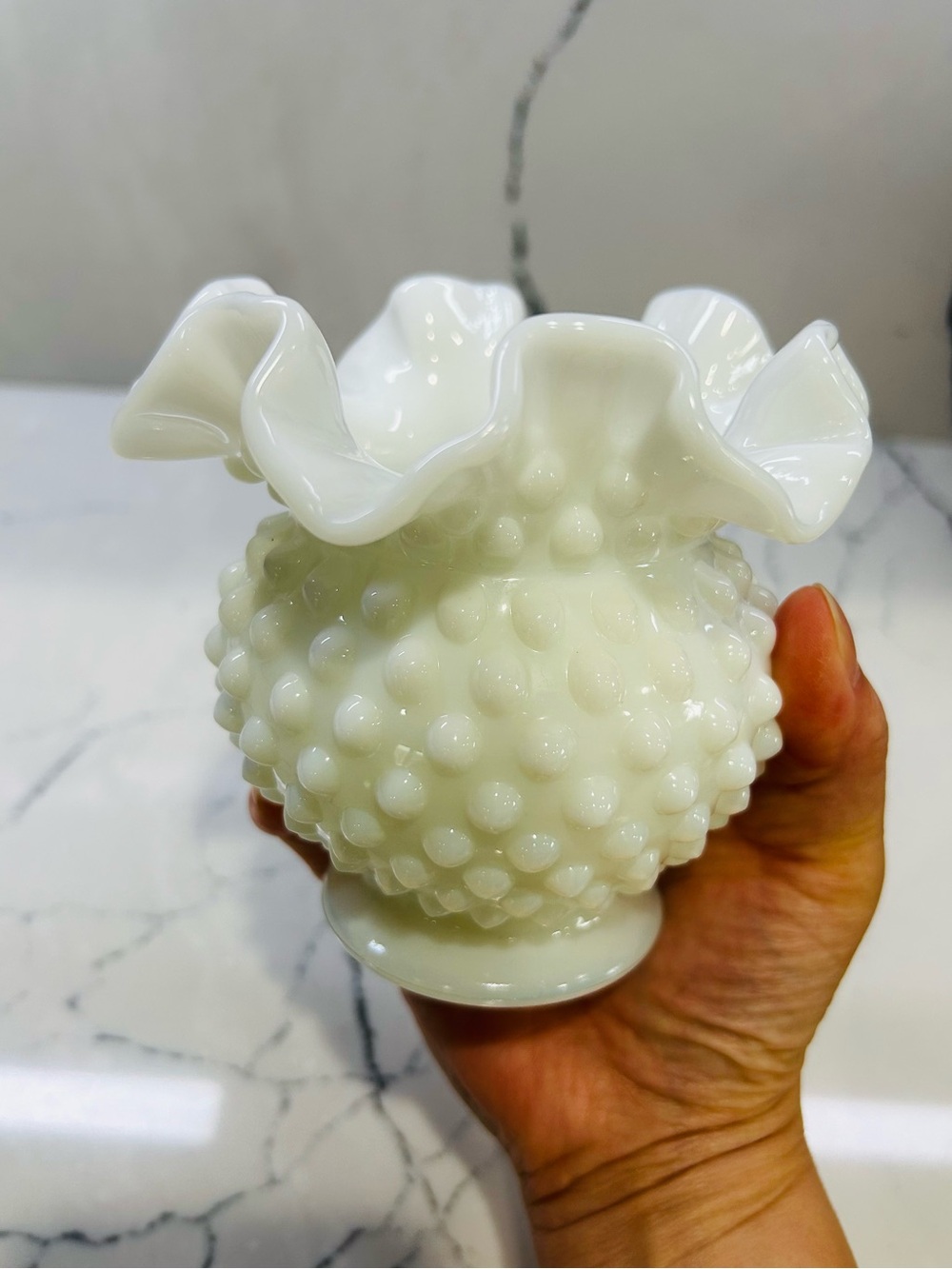 Vintage Fenton White Hobnail Ruffled Milk Glass Vase